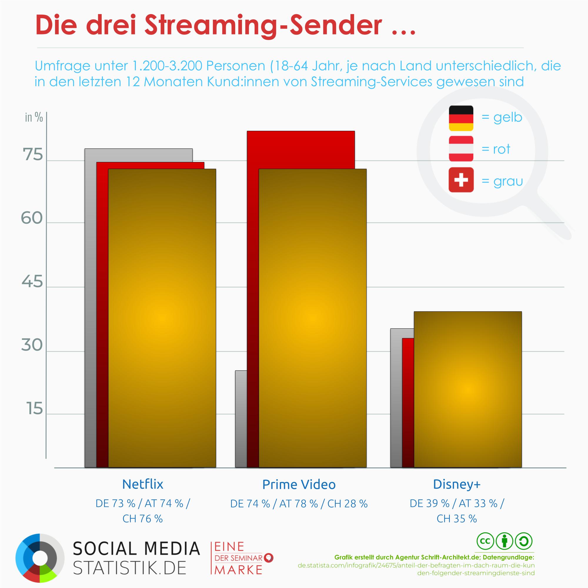 Infografik Social Media Statistik zum Thema streaming in deutschland oesterreich schweiz netflix disneyplus amazon prime video